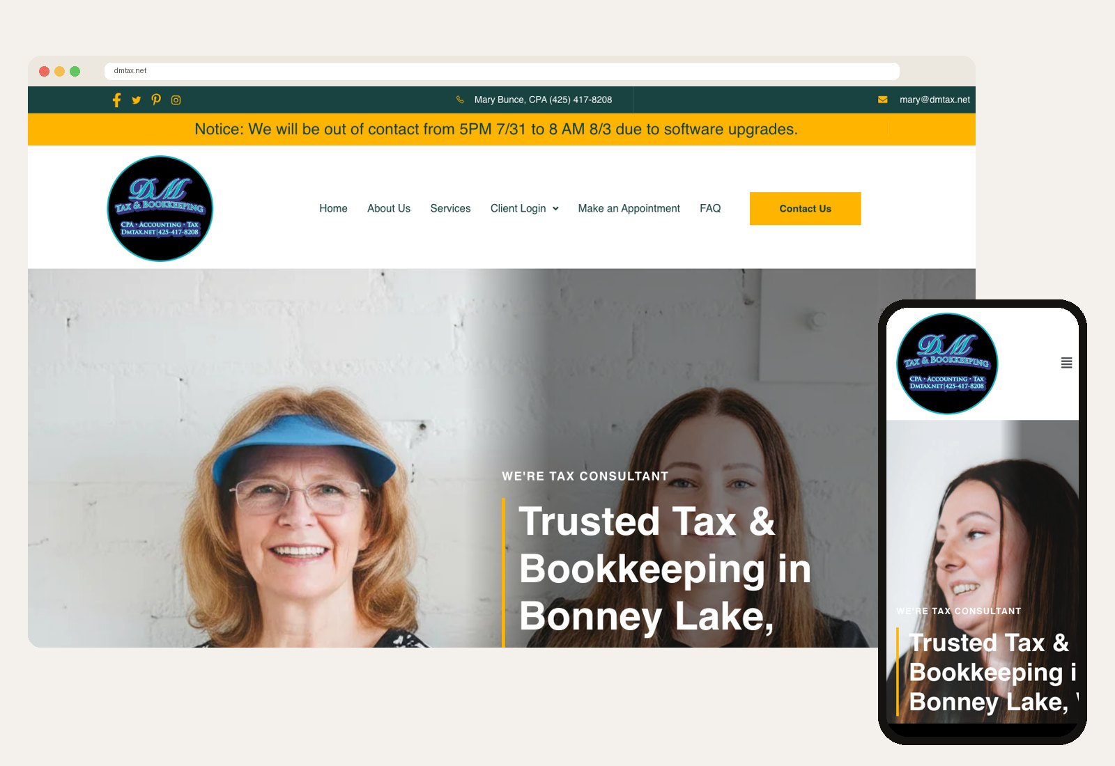 dmtax.net shown on a laptop and a phone