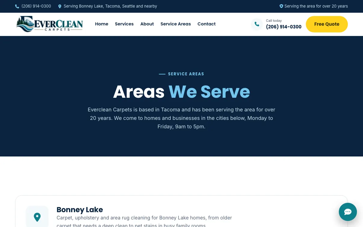 The Everclean service areas page