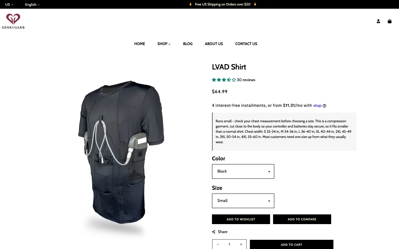 The Genki Garb LVAD Shirt product page with numbered notes