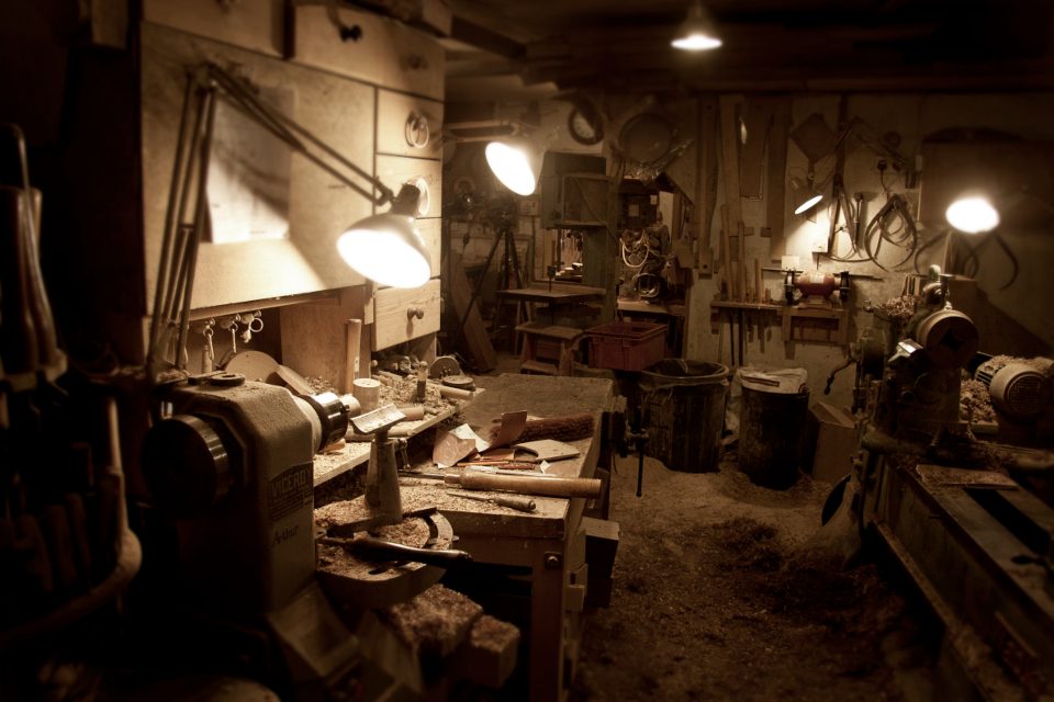 Contractor’s workshop with tools and workbenches